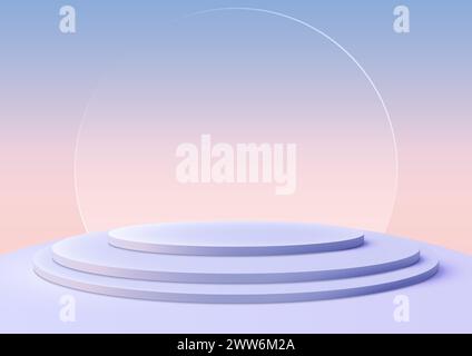 3D soft blue podium stairs on a blue sky background with a large circle glass transparent behind it, Product display, Mockup, Showcase. Vector illustr Stock Vector