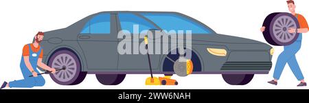 Car repair service scene. Mechanics change tyres isolated on white background Stock Vector