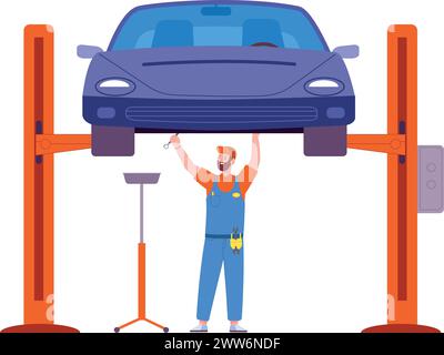 Car maintenance service. Engine repair in auto garage isolated on white background Stock Vector