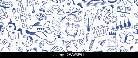 Seamless pattern with daycare doodle. Hopscotch, toys, flower, umbrella, house, book and other elements. Scribbled with chalk texture Stock Vector