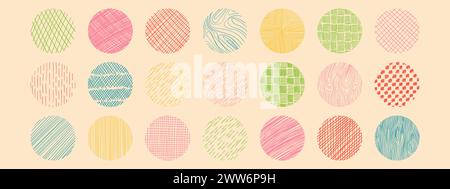 Vector freehand textures set with different hand drawn circle patterns. Vector scribble, horizontal and wave strokes collection Stock Vector