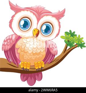 Adorable pink owl perched on a tree branch Stock Vector