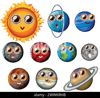 Colorful vector illustration of animated planets. Stock Vector