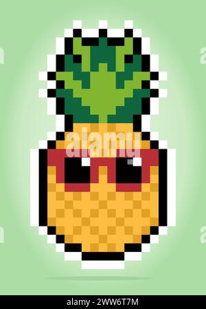 8 bit pixel of pineapples. Fruits for game assets and cross stitch patterns in vector illustrations. Stock Vector