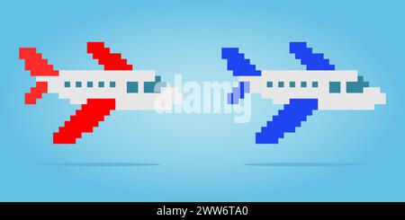 8 bits of aircraft pixels. Planes for game assets and cross stitch patterns in vector illustrations. Stock Vector