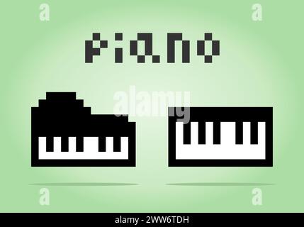 8 bit pixel piano icon, for game assets and cross stitch patterns in vector illustrations. Stock Vector