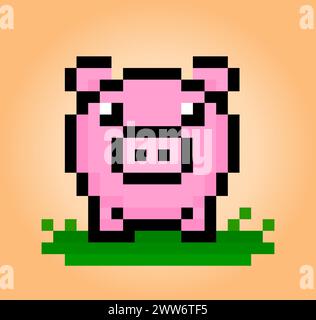 8 bit pixel pig. Animal for game assets and cross stitch patterns in vector illustrations. Stock Vector