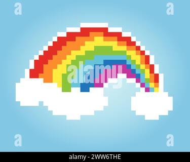 8 bit pixel rainbow with clouds, for game assets and cross stitch patterns in vector illustrations. Stock Vector