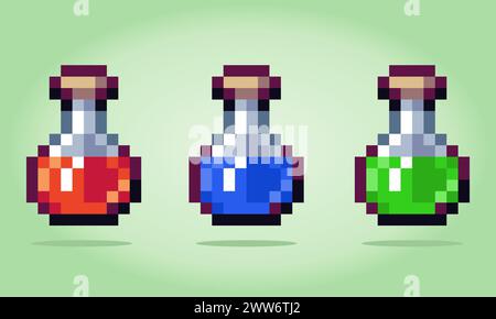 8 bit pixel potions. Medicine for game assets and cross stitch patterns in vector illustrations. Stock Vector