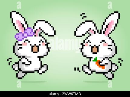 8 bit pixels Happy rabbit pairs. Animals for game assets and cross stitch patterns in vector illustrations. Stock Vector