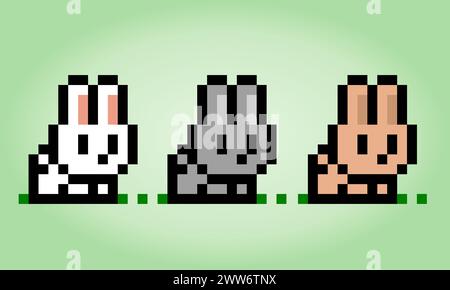8 bit pixel rabbit three colors. Animals for game assets and cross stitch patterns in vector illustrations. Stock Vector