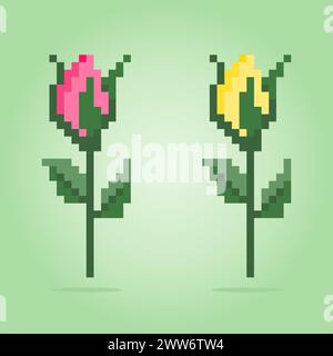 8 bit pixels of rosebud. Flowers for asset games and Cross Stitch patterns in vector illustrations. Stock Vector