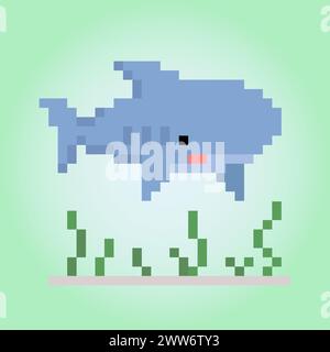 8 bit pixels of shark. Animal for asset games and Cross Stitch patterns in vector illustrations. Stock Vector