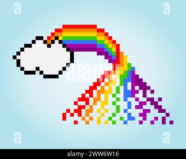 8 bit pixel rainbow with clouds, for game assets and cross stitch patterns in vector illustrations. Stock Vector