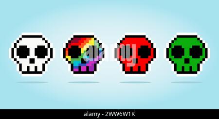 8 bit pixel skull, for game assets and cross stitch patterns, in vector illustrations Stock Vector