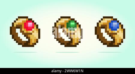 8 bit pixel of magic ring. Accessories for game assets and cross stitch patterns in vector illustrations. Stock Vector