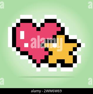8 bit pixel of adorable star and love, for game assets and cross stitch patterns in vector illustrations. Stock Vector