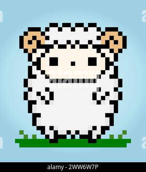 8 bit pixel of sheep. Animal pixels for game assets and cross stitch patterns in vector illustrations. Stock Vector