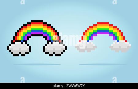 8 bit pixel rainbow with clouds, for game assets and cross stitch patterns in vector illustrations. Stock Vector