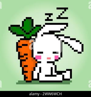8 bit pixel sleeping rabbit . Animals for game assets and cross stitch patterns in vector illustrations. Stock Vector