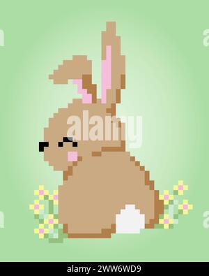 8 bit pixel rabbit back. Animals for game assets and cross stitch patterns in vector illustrations. Stock Vector