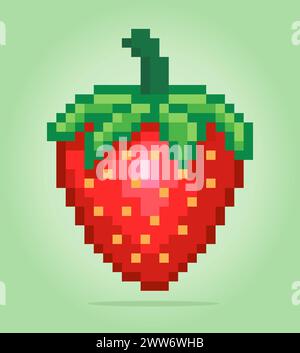 8 bit pixel of Strawberry. Fruits pixel for game assets and cross stitch patterns in vector illustrations. Stock Vector