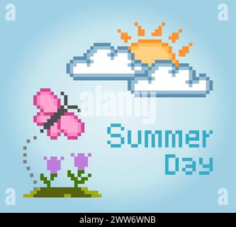 Pixel 8 bit summer theme. season in vector illustration. Stock Vector