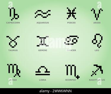 8 bit pixel zodiac set. Stars symbol for astrology horoscope. Astrological calendar collection in vector illustration. Stock Vector
