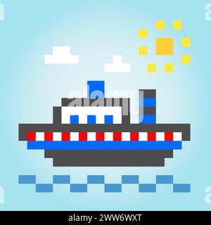 8 bit pixel of a ship, for game assets and cross stitch pattern, in vector illustration Stock Vector