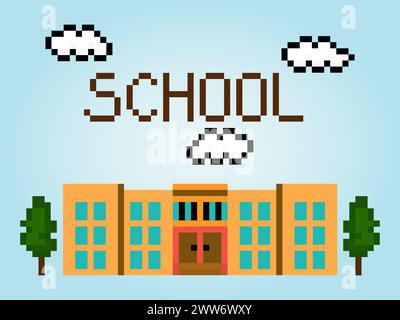 8-bit Pixel of school building in vector Illustration for game asset. Stock Vector