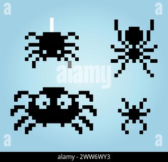 8 bits of spiders. Animal pixel for game assets and Cross Stitch patterns in vector illustrations. Stock Vector