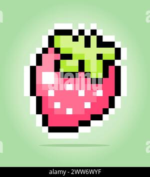 8 bit pixel of Strawberry. Fruits pixel for game assets and cross stitch patterns in vector illustrations. Stock Vector