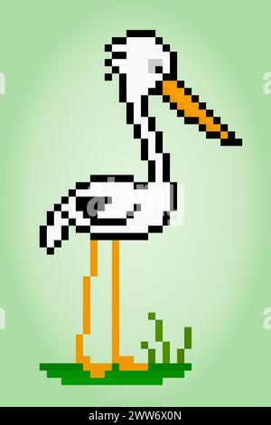8 bit pixel of a stork. Animal pixel art for game assets and cross stitch patterns in vector illustrations. Stock Vector