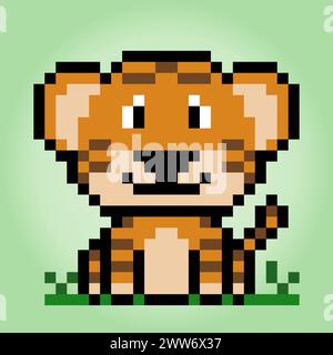 8 bit pixel a tiger. Animals for game assets and cross stitch patterns in vector illustrations. Stock Vector