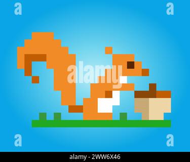 8 bit pixel of squirrel. Animal pixel for game assets and Cross Stitch patterns in vector illustrations. Stock Vector