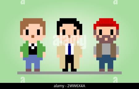 8 bits pixels three mans. People pixel in Vector illustration for game assets and cross stitch patterns. Stock Vector