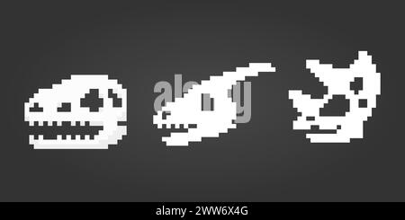 8 bit pixel dinosaur head skeleton. T rex bone pixels in vector illustration. Stock Vector