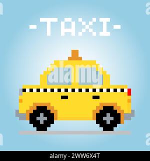 8 bit pixel taxi. Car pixel in vector illustration for game assets and cross stitch pattern. Stock Vector