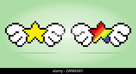 8 bit pixel of adorable yellow and rainbow star with wings, for game assets and cross stitch patterns in vector illustrations. Stock Vector