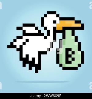 8 bit pixel of a stork carries baby with bags , Animal pixel for game assets and cross stitch patterns in vector illustrations. Stock Vector