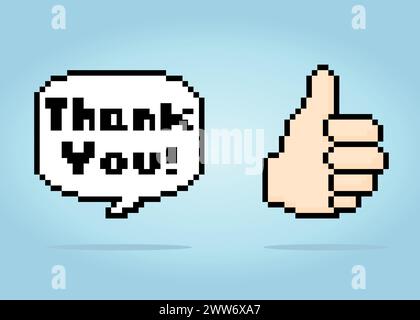 8 bit pixels of speech bubble thank you and hand thumb up. Chat icon for game assets in vector illustrations. Stock Vector