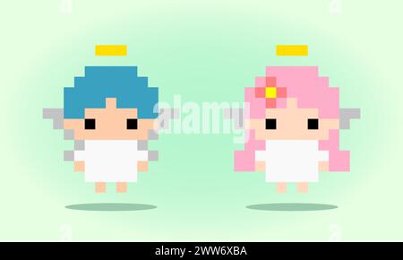 8 bit pixels two angels. Angel pixels in vector illustrations. Stock Vector