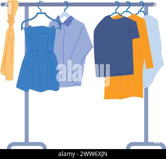 Clothing rack with hanging dress. Fashion store wardrobe isolated on white background Stock Vector