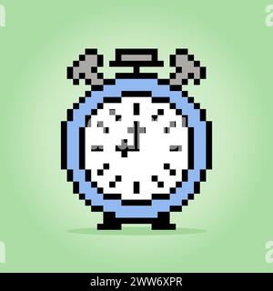 8 bit pixel clock alarm for game assets and cross stitch patterns in vector illustrations. Stock Vector