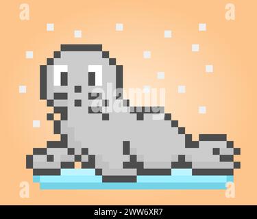 8 bit pixel of sea lion. Animal pixels for game icons. Illustration Vector Cross Stitch Pattern Stock Vector