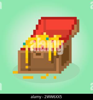 8 bit pixel golden treasure box. vector illustrations for game assets and cross stitch patterns. Stock Vector