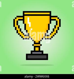 8 bits pixel golden trophy. cup pixel in Vector illustration for game assets and cross stitch patterns. Stock Vector