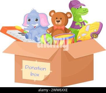 Donation box with kid toys. Charity children goods isolated on white background Stock Vector