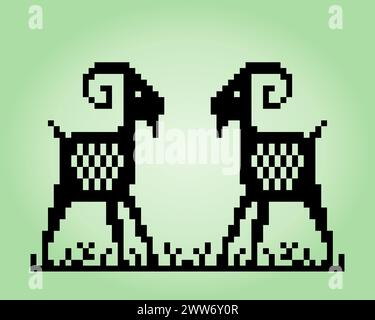 8 bit Pixel of twin goat. Animal pixel in vector Illustration. Stock Vector