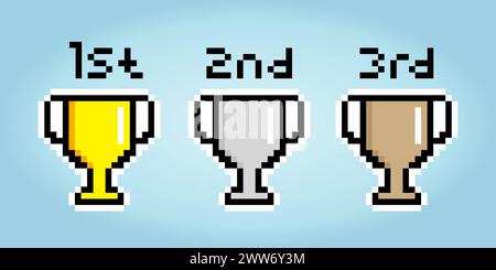 8 bits pixel trophy. cup pixel in Vector illustration for game assets and cross stitch patterns. Stock Vector